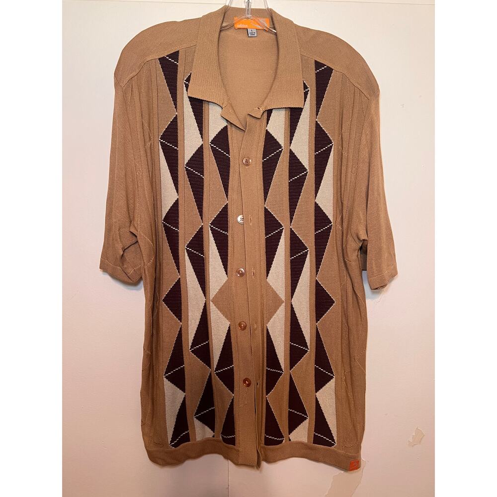 Edition S Men's Knit Sweater L Shirt Short Sleeve Button Front Brown Tan